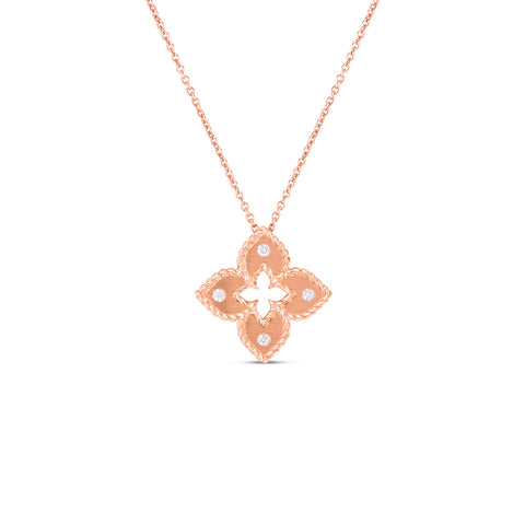 Roberto Coin Venetian Princess Petite Flower Necklace-Roberto Coin Venetian Princess Petite Satin and Diamond Accent Flower Pendant in 18 karat rose gold satin finish with diamond accent.