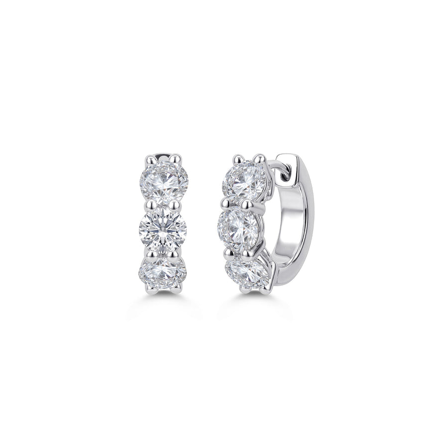 White Gold Three-Stone Diamond Huggie Earrings - 3.00 CT