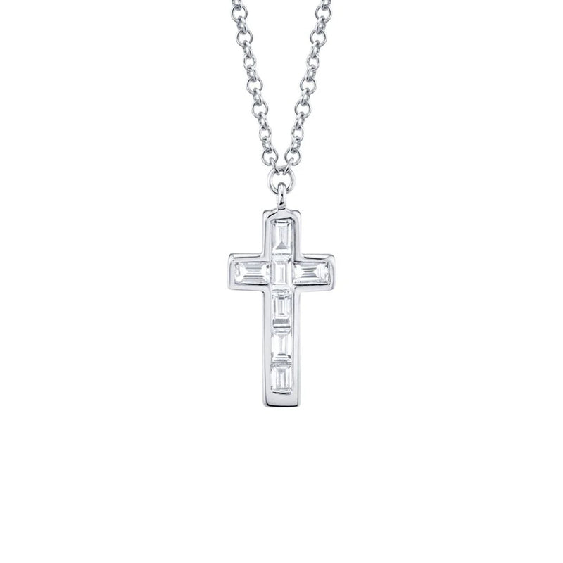 Shy Creation Diamond Baguette Cross Necklace 0.17 CT-Shy Creation Diamond Baguette Cross Necklace in 14 karat white gold with diamonds totaling 0.17 carats.