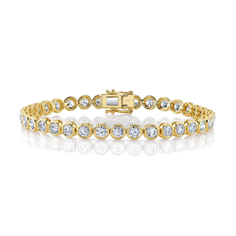 Shy Creation Diamond Bezel Tennis Bracelet 7.00 CT-Shy Creation Diamond Bezel Tennis Bracelet in 14 karat yellow gold with diamonds totaling 7.00 carats.
