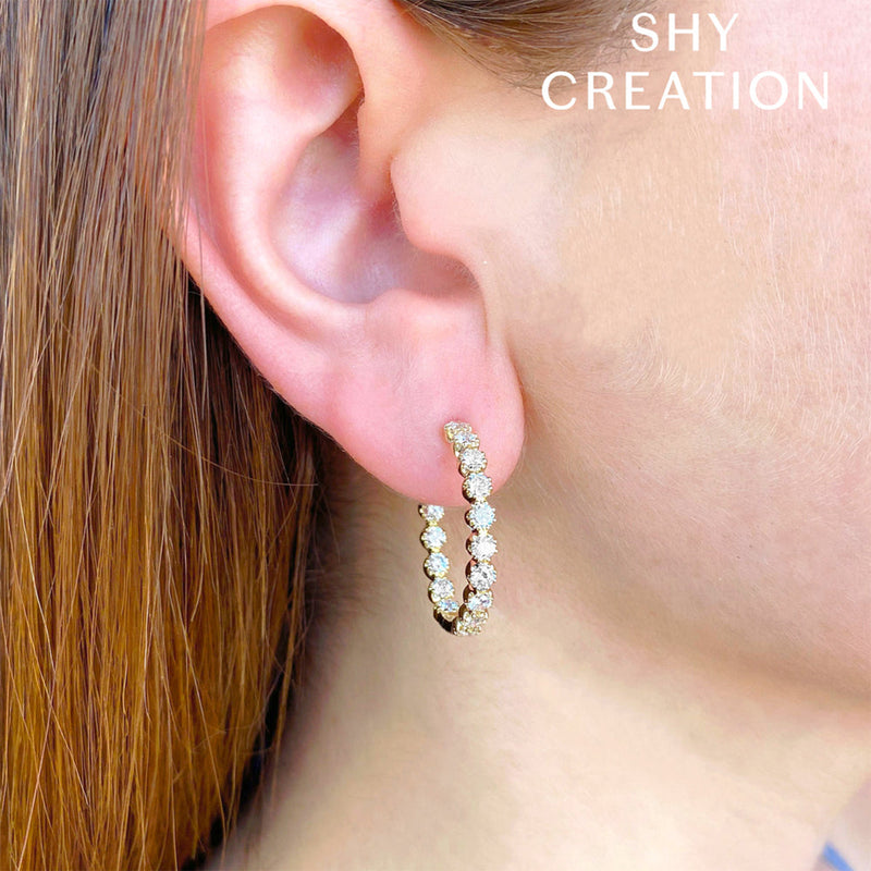 Shy Creation Diamond Crown Setting Hoop Earrings 2.08 CT-Shy Creation Diamond Crown Setting Hoop Earrings in 18 karat yellow gold with diamonds totaling 2.08 carats.