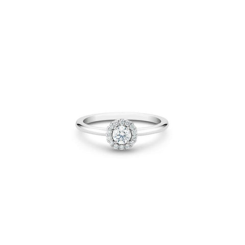 De Beers Aura Round Brilliant Diamond Ring-De Beers Aura Round Brilliant Diamond Ring in platinum. The ~0.20 carat round brilliant solitaire is surrounded by a halo of micropavé diamonds totalling ~0.10 carats.