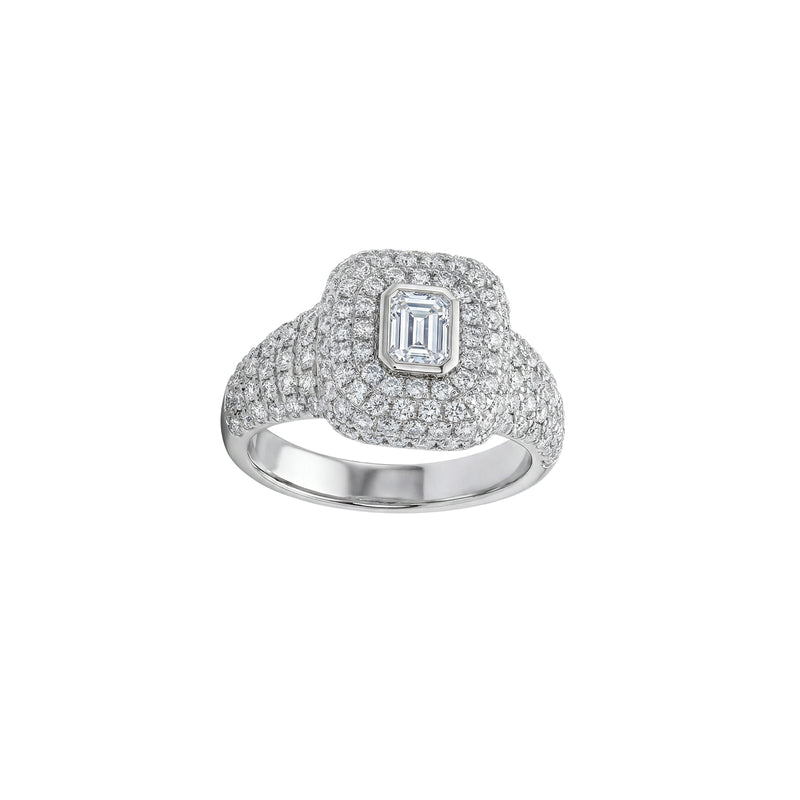 Emerald Cut Diamond Double Cushion Halo Pavé Ring-Emerald Cut Diamond Double Cushion Halo Pavé Ring