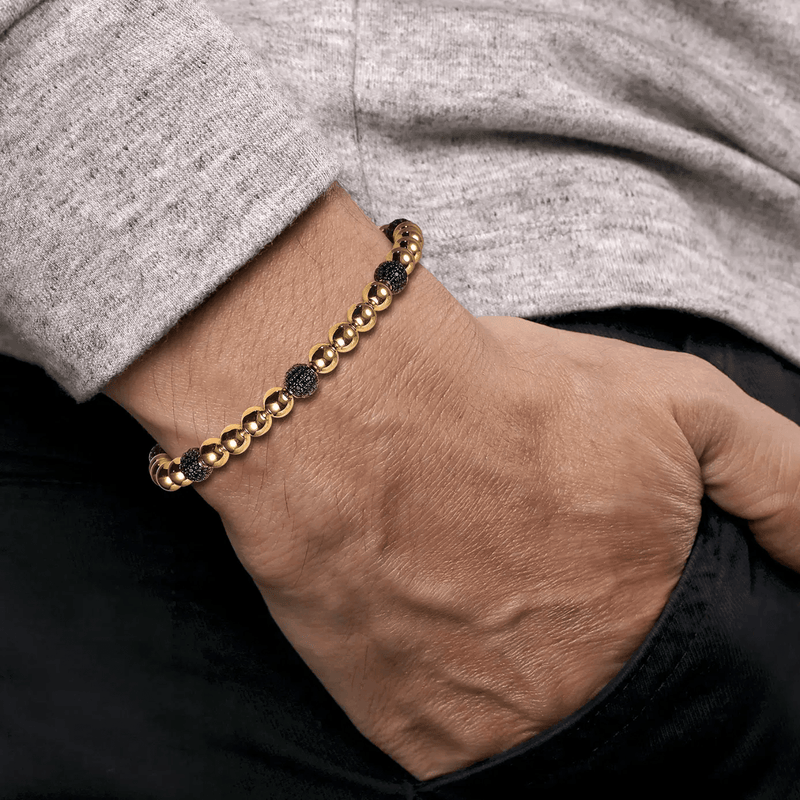 Gabriel & Co. Gold Black Diamond and 6mm Yellow Gold Beaded Mens Bracelet-Gabriel & Co. Gold Black Diamond and 6mm Yellow Gold Beaded Mens Bracelet TBM2180Y4JBD