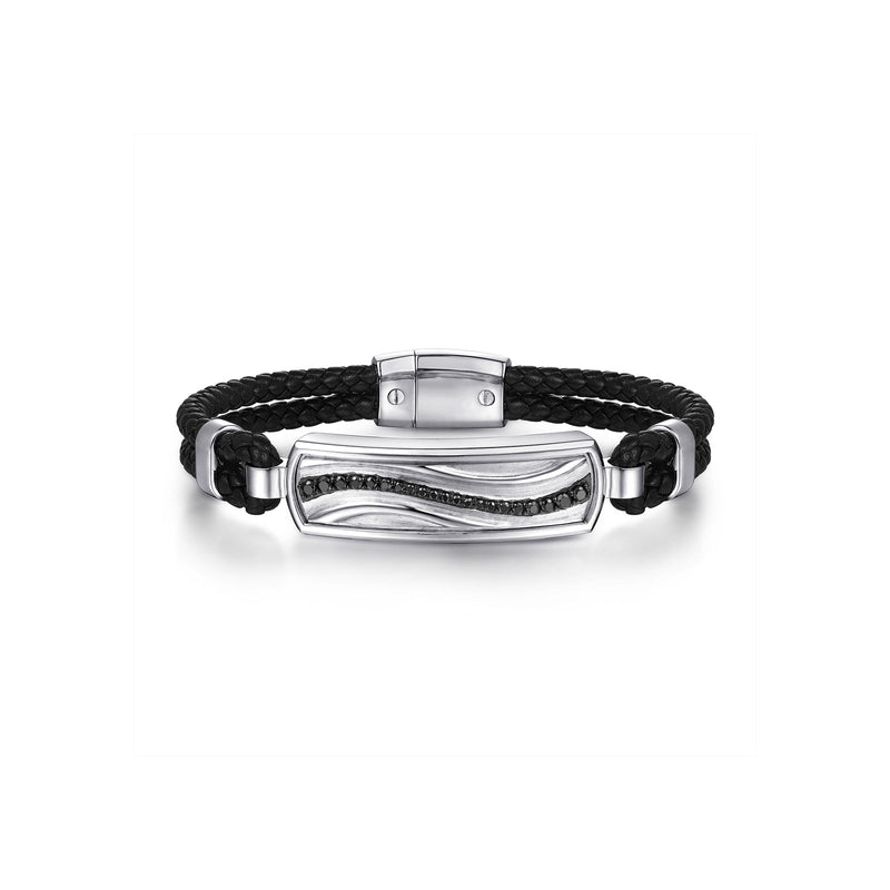Gabriel & Co. Leather Bangle with Black Spinel Wave ID Bangle-Gabriel & Co. Leather Bangle with Black Spinel Wave ID Bangle - BGM2203 - 72SVJBS