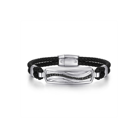 Gabriel & Co. Leather Bangle with Black Spinel Wave ID Bangle-Gabriel & Co. Leather Bangle with Black Spinel Wave ID Bangle - BGM2203 - 72SVJBS
