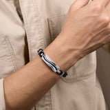 Gabriel & Co. Leather Bangle with Black Spinel Wave ID Bangle-Gabriel & Co. Leather Bangle with Black Spinel Wave ID Bangle - BGM2203 - 72SVJBS