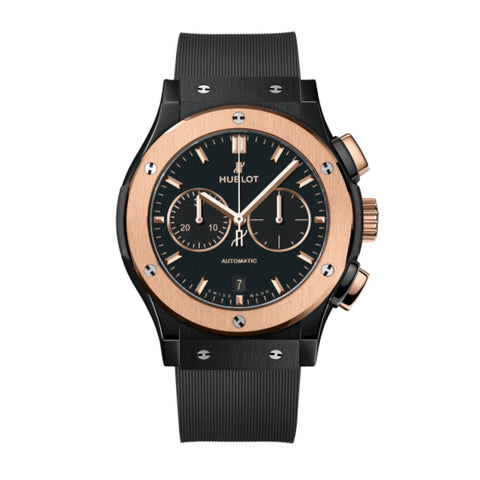 Hublot Classic Fusion Chronograph Ceramic King Gold 42mm-Hublot Classic Fusion Chronograph Ceramic King Gold 42mm polished and satin-finished black ceramic case with a matte black dial on black lined rubber strap, featuring a chronograph function, date display and automatic movement with up to 50 hours of power reserve.