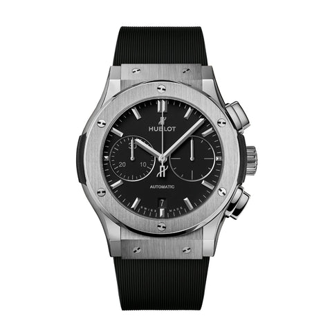 Hublot Classic Fusion Chronograph Titanium 45mm-Hublot Classic Fusion Chronograph Titanium - 521.NX.1171.RX - Hublot Classic Fusion Chronograph Titanium in a 45mm titanium case with black dial on black rubber strap,featuring chronograph function and automatic movement with up to 42 hours of power reserve.