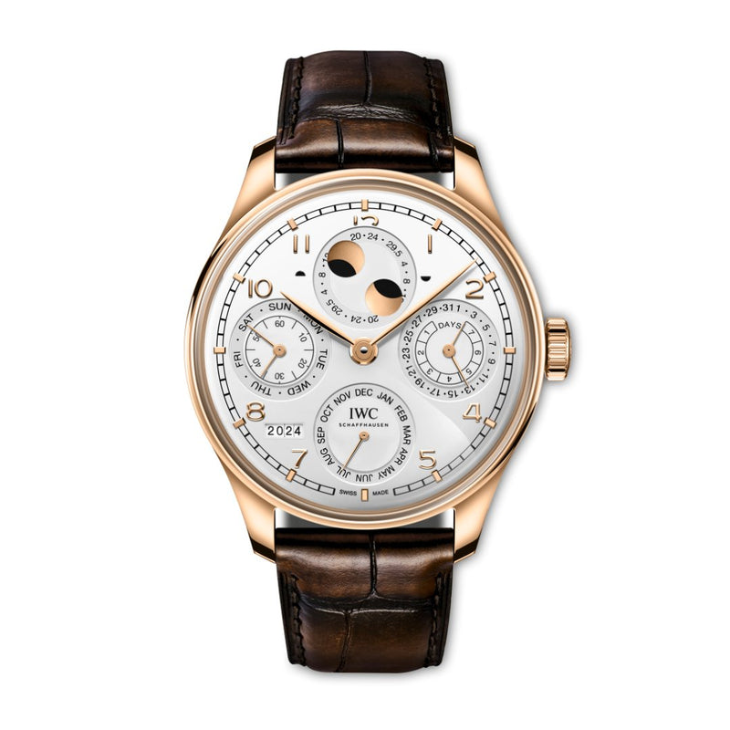 IWC Schaffhausen Portugieser Perpetual Calendar 44-IWC Schaffhausen Portugieser Perpetual Calendar - IW503701 - IWC Schaffhausen Portugieser Perpetual Calendar in a 44mm Armor Gold rose gold case with silver dial on leather strap, featuring a perpetual calendar, double moon display and automatic movement.