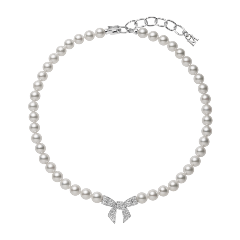 Mikimoto Akoya Cultured Pearl and Diamond Bow Charm Necklace-Mikimoto Akoya Cultured Pearl and Diamond Bow Charm Necklace - MNQ10109ADXW
