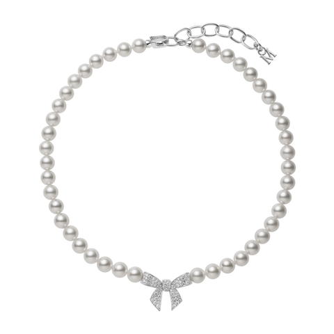 Mikimoto Akoya Cultured Pearl and Diamond Bow Charm Necklace-Mikimoto Akoya Cultured Pearl and Diamond Bow Charm Necklace - MNQ10109ADXW