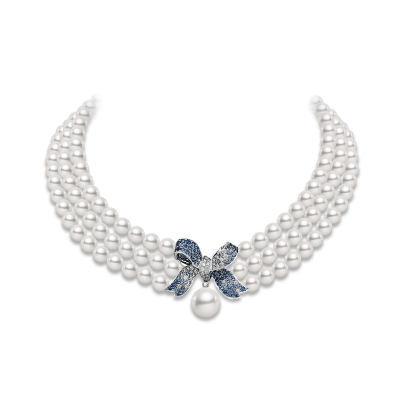 Mikimoto The Bows Diamond, Sapphire and Mixed Pearl Necklace-Mikimoto The Bows Diamond, Sapphire and Mixed Pearl Necklace - MZQ10093ZZXW