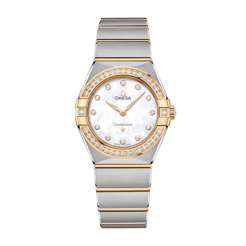 Omega Constellation 28mm-Omega Constellation 28mm - 131.25.28.60.55.002 - Omega Constellation in a 28mm stainless steel/yellow gold case with mother-of-pearl dial on stainless steel/yellow gold bracelet, featuring diamond markers and a quartz movement.