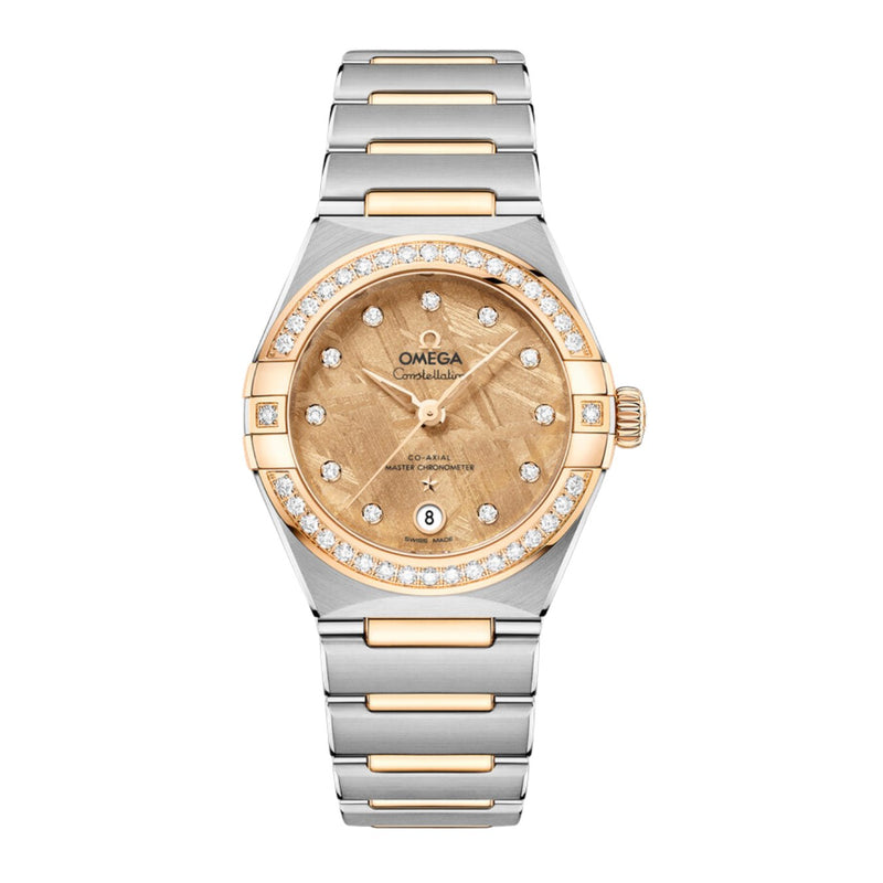 Omega Constellation 29mm - Meteorite-Omega Constellation 29mm - 131.25.29.20.99.002 - Omega Constellation Meteorite in a 29mm stainless steel case/yellow gold diamond bezel case with Moonshine gold meteorite dial on stainless steel/yellow gold case, featuring a date display and automatic movement.