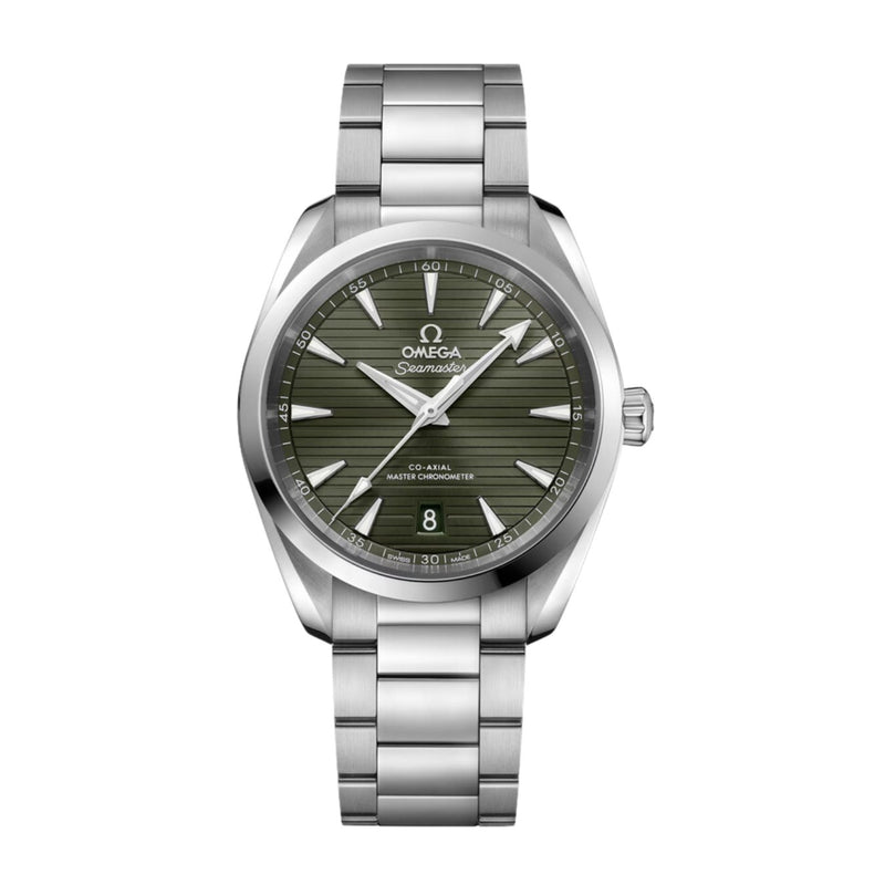Omega Seamaster Aqua Terra 150m 38mm-Omega Seamaster Aqua Terra 150m in a 38mm stainless steel case with green dial on stainless steel bracelet, featuring a date display and mechanical self-winding movement.