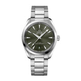 Omega Seamaster Aqua Terra 150m 38mm-Omega Seamaster Aqua Terra 150m in a 38mm stainless steel case with green dial on stainless steel bracelet, featuring a date display and mechanical self-winding movement.