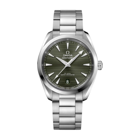 Omega Seamaster Aqua Terra 150m 38mm-Omega Seamaster Aqua Terra 150m in a 38mm stainless steel case with green dial on stainless steel bracelet, featuring a date display and mechanical self-winding movement.