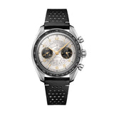 Omega Speedmaster Chronoscope 43mm-Omega Speedmaster Chronoscope in a 43mm stainless steel case with silver dial on black leather strap, featuring a chronograph function, a tachymeter scale, pulsometer scale, and a telemeter scale.