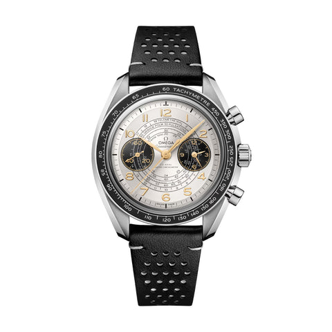 Omega Speedmaster Chronoscope 43mm-Omega Speedmaster Chronoscope in a 43mm stainless steel case with silver dial on black leather strap, featuring a chronograph function, a tachymeter scale, pulsometer scale, and a telemeter scale.