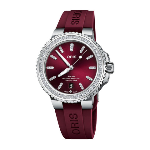 Oris Aquis Date Diamonds-Oris Aquis Date Diamonds - 01 733 7766 4998-07 4 22 68FC - Oris Aquis Date Diamonds in a 41mm stainless steel case with diamond bezel, red-dial. Water resistance of 30 bar. Automatic movement, power reserve of 38 hours. Date display. Rubber strap.