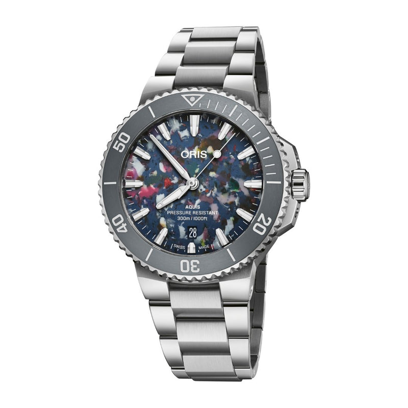 Oris Aquis Date Upcycle-Oris Aquis Date Upcycle - 01 733 7787 4150-07 8 22 04PEB - Oris Aquis Date Upcycle in a 41mm stainless steel case with multi-colored dial on stainless steel bracelet, featuring a date display and automatic movement with up to 38 hours of power reserve.