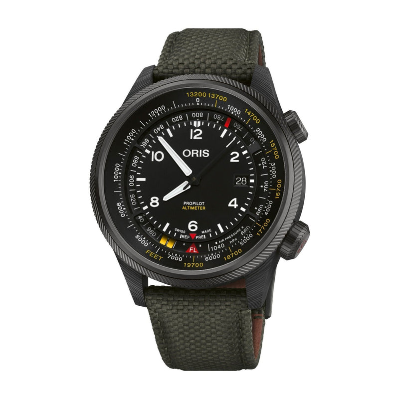 Oris ProPilot Altimeter-Oris PriPilot Altimeter - 01 793 7775 8734-Set - Oris PriPilot Altimeter in a 47mm titanium case, grey PVD plated. Black dial. Date display. Automatic movement, power reserve of 56 hours. Water resistance of 10 bar. Textile strap.&nbsp;