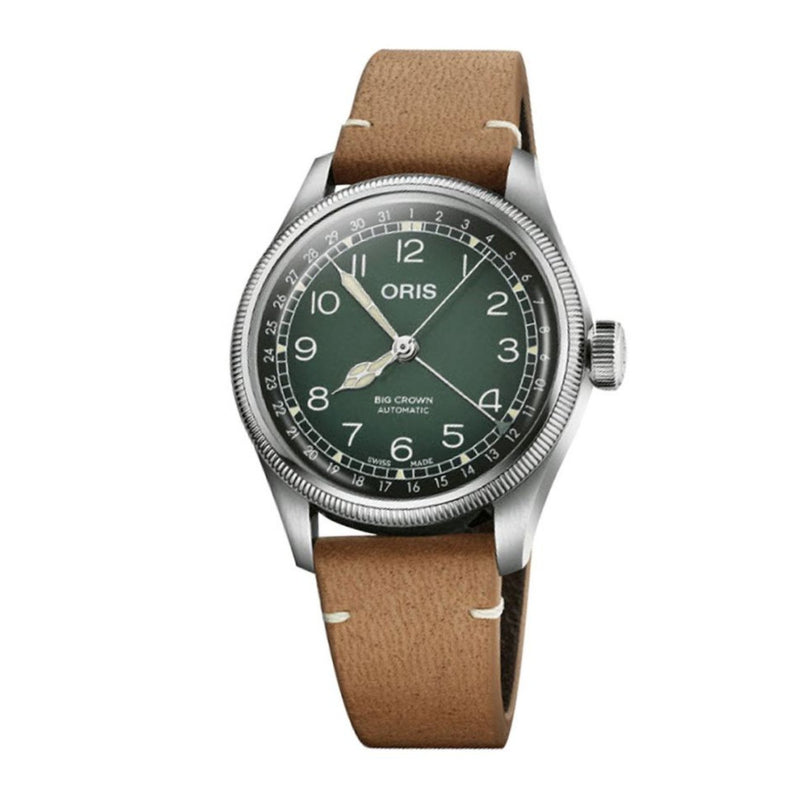 Oris Big Crown Pointer Date x Cervo Volante-Oris x Cervo Volante Big Crown Pointer Date in a 38mm stainless steel with green dial on leather strap, featuring a date display and automatic movement.