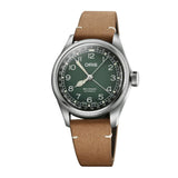 Oris Big Crown Pointer Date x Cervo Volante-Oris x Cervo Volante Big Crown Pointer Date in a 38mm stainless steel with green dial on leather strap, featuring a date display and automatic movement.