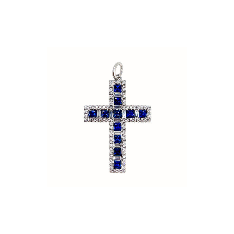 Sapphire Diamond Cross Pendant and Chain-Sapphire Diamond Cross Pendant - SPTIJ00737