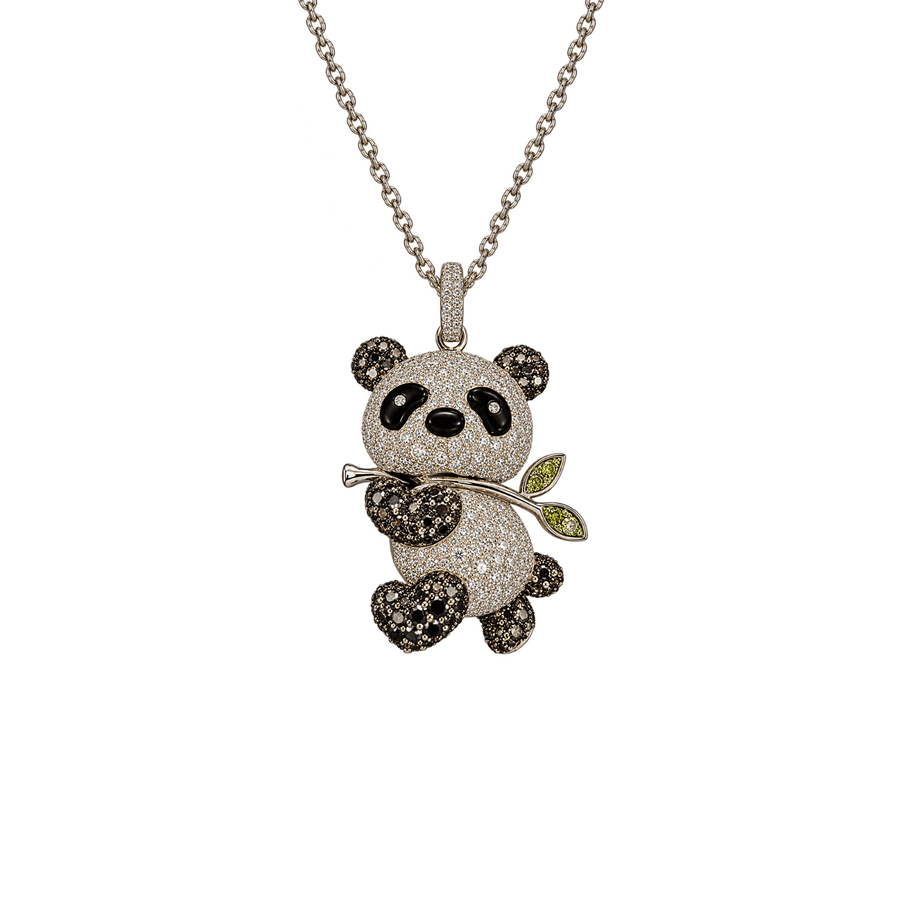 White Gold Diamond Onyx Panda Pendant and Chain