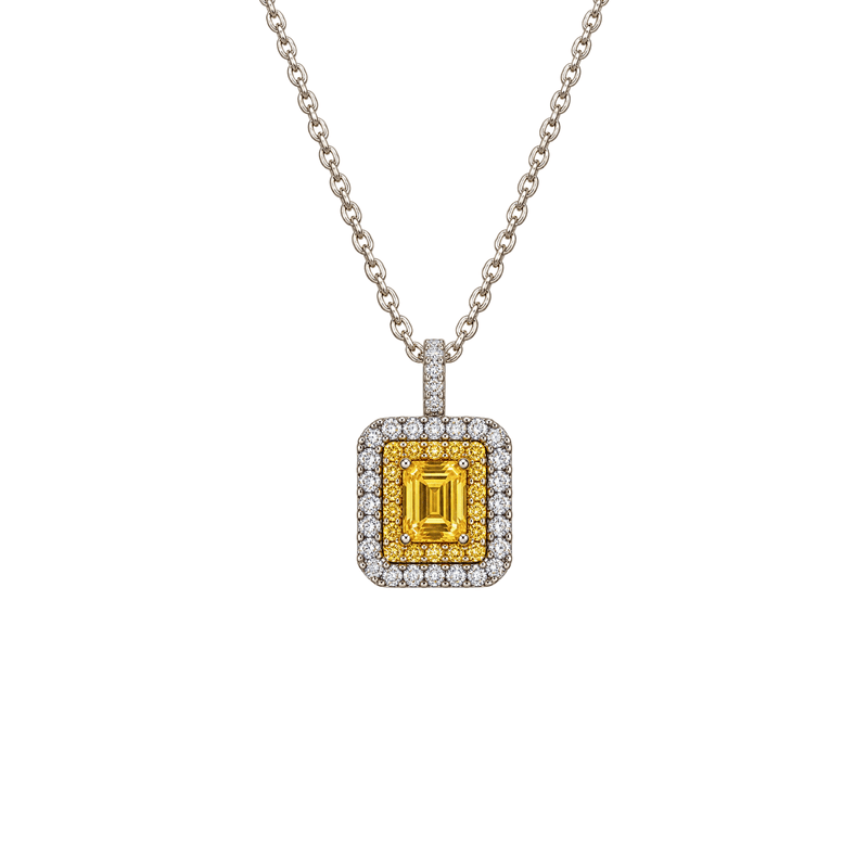 Yellow Sapphire Double Diamond Halo Necklace-Yellow Sapphire Double Diamond Halo Necklace - SNTIJ00703