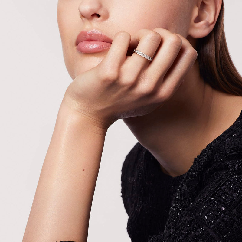 CHANEL Coco Crush Ring-CHANEL Coco Crush Ring in 18 karat white gold quilted motif with diamonds.