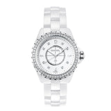 CHANEL J12 Watch, 33mm-CHANEL J12 Watch in a 33mm highly resistant white ceramic diamond bezel case with white dial on highly resistant white ceramic bracelet, featuring diamond markers and quartz movement.