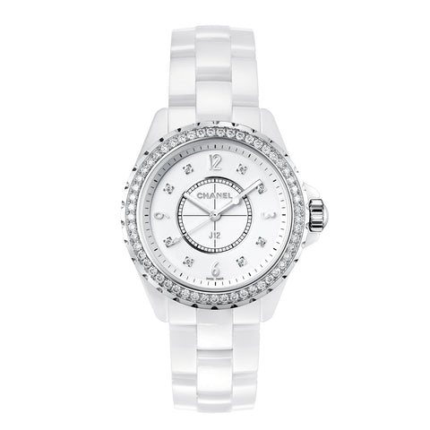 CHANEL J12 Watch, 33mm-CHANEL J12 Watch in a 33mm highly resistant white ceramic diamond bezel case with white dial on highly resistant white ceramic bracelet, featuring diamond markers and quartz movement.