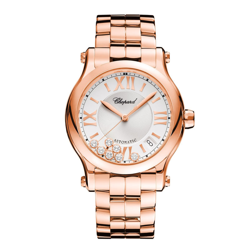 Chopard Happy Sport 36mm-Chopard Happy Sport in 36mm rose gold case with silver dial and seven floating diamonds on rose gold bracelet, featuring a date display and automatic movement with 62 hours power reserve.