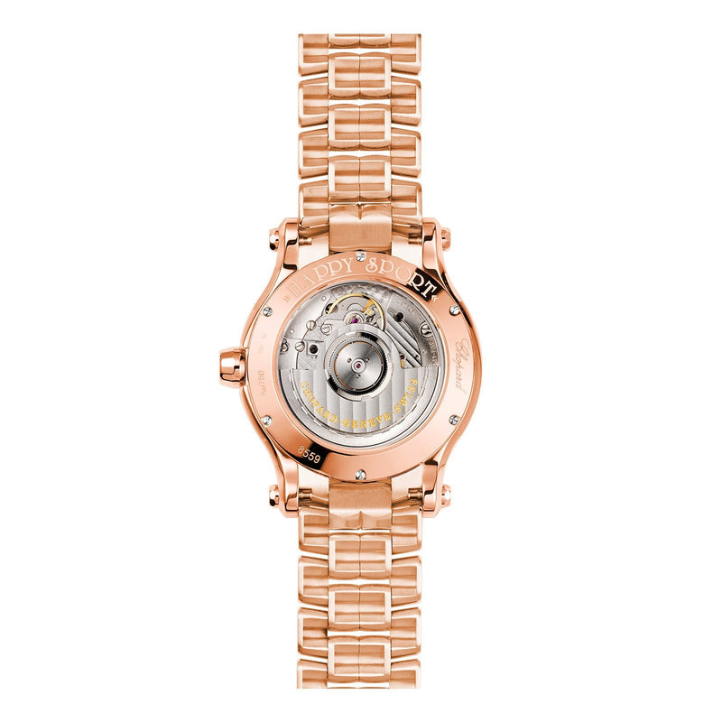 Chopard Happy Sport 36mm-Chopard Happy Sport in 36mm rose gold case with silver dial and seven floating diamonds on rose gold bracelet, featuring a date display and automatic movement with 62 hours power reserve.