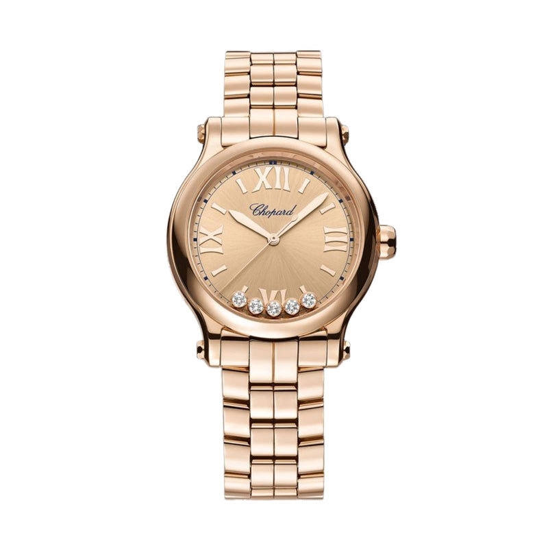 Chopard Happy Sport 33mm-Chopard Happy Sport - 275378-5008 - Chopard Happy Sport in 33mm rose gold case with champagne dial with five floating diamonds on rose gold bracelet, featuring an automatic movement with approximately 42 hours power reserve.
