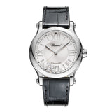 Chopard Happy Sport 36mm-Chopard Happy Sport - 278559-3001 - Chopard Happy Sport in a 36mm stainless steel case with silver dial with seven floating diamonds on leather strap, featuring a date display and automatic movement with approximately 62 hours power reserve.
