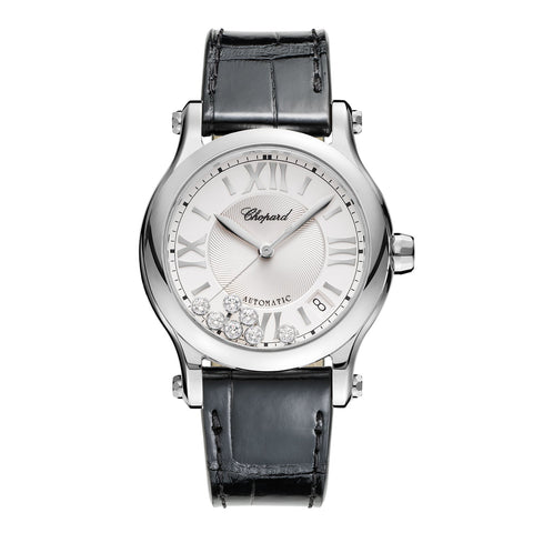 Chopard Happy Sport 36mm-Chopard Happy Sport - 278559-3001 - Chopard Happy Sport in a 36mm stainless steel case with silver dial with seven floating diamonds on leather strap, featuring a date display and automatic movement with approximately 62 hours power reserve.