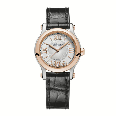 Chopard Happy Sport 30mm-Chopard Happy Sport - 278573-6013 - Chopard Happy Sport in a 30mm stainless steel/rose gold case with silver dial and five floating diamonds on leather strap, featuring an automatic movement with 42 hours power reserve.