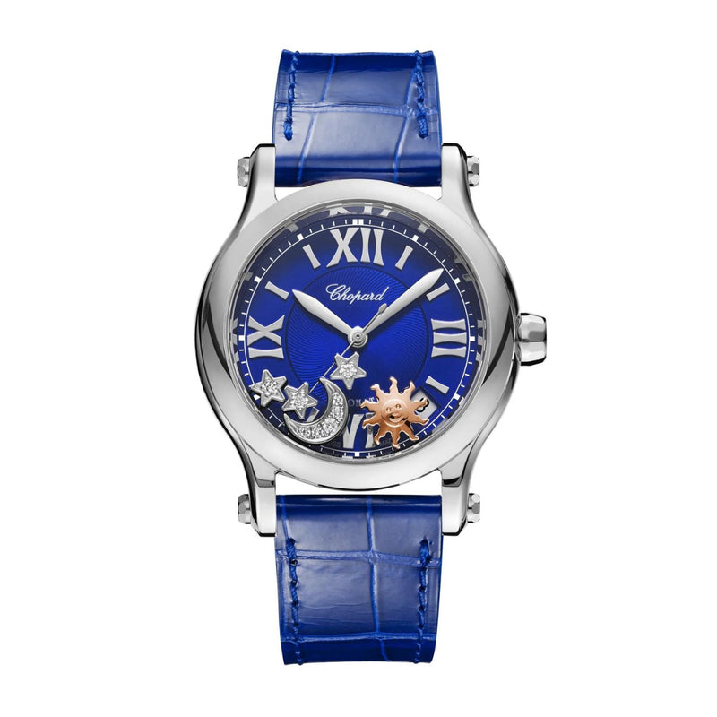 Chopard Happy Sport Sun, Moon and Stars 36mm-Chopard Happy Sport Sun, Moon and Stars - 278559-3011 - Chopard Happy Sport Sun, Moon and Stars in a 36mm stainless steel case with blue dial and floating diamonds, featuring an automatic movement with approximately 62 hours power reserve.