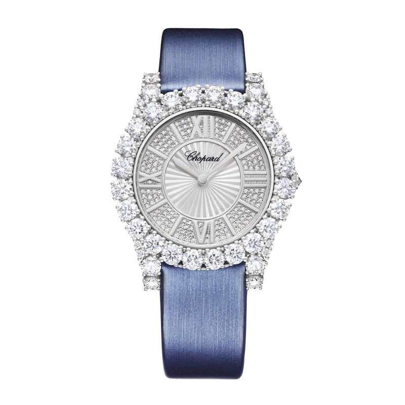 Chopard L'Heure Du Diamant 35mm-Chopard L'Heure Du Diamant - 139419-1601 - Chopard L'Heure Du Diamant in a 35mm white gold case with pavé diamond guilloché mother-of-pearl dial on satin strap, featuring an automatic movement with approximately 42 hours power reserve.