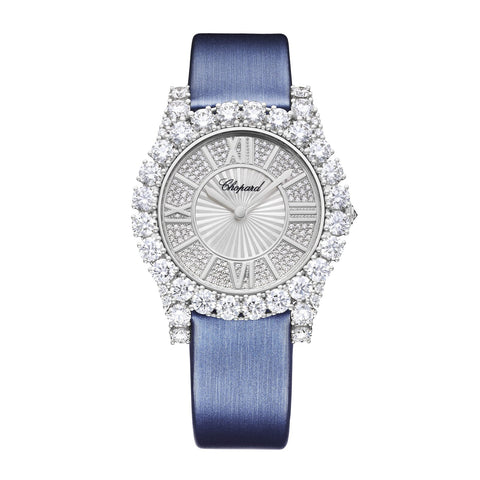 Chopard L'Heure Du Diamant 35mm-Chopard L'Heure Du Diamant - 139419-1601 - Chopard L'Heure Du Diamant in a 35mm white gold case with pavé diamond guilloché mother-of-pearl dial on satin strap, featuring an automatic movement with approximately 42 hours power reserve.