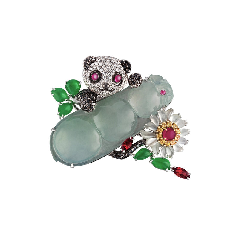 Diamond Panda and Jade Peapod Brooch-Diamond Panda and Jade Peapod Brooch - OINEL00046