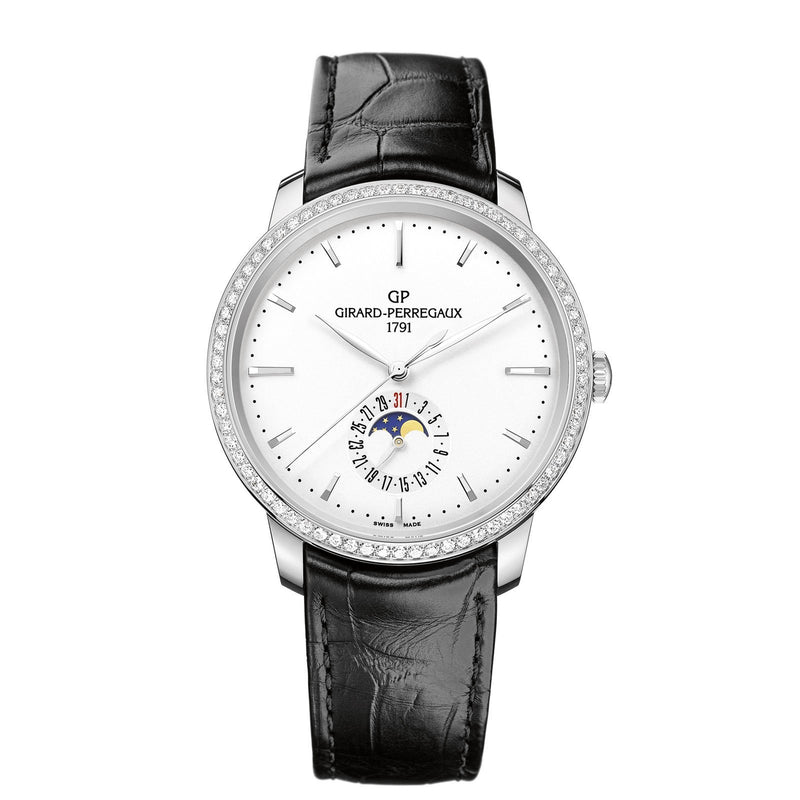 Girard-Perregaux 1966 Date and Moon Phases-Girard-Perregaux 1966 Date and Moon Phases in a 40mm stainless steel diamond bezel case with white dial on leather strap, featuring a date wheel, moon phase, and automatic movement.