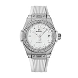Hublot Big Bang One Click Steel White Diamonds 33mm-Hubllot Big Bang One Click Steel White Diamonds - 485.SE.2010.RW.1204 - Hubllot Big Bang One Click Steel White Diamonds in a 33mm stainless steel case with white dial on white structured line rubber strap, featuring a date display and automatic movement with up to 40 hours of power reserve.