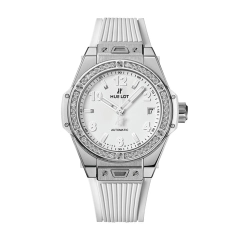 Hublot Big Bang One Click Steel White Diamonds 33mm-Hubllot Big Bang One Click Steel White Diamonds - 485.SE.2010.RW.1204 - Hubllot Big Bang One Click Steel White Diamonds in a 33mm stainless steel case with white dial on white structured line rubber strap, featuring a date display and automatic movement with up to 40 hours of power reserve.