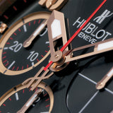 Hublot Big Bang Gold Ceramic 44mm-Hublot Big Bang Gold Ceramic 44mm with black stamped carbon effect dial on black rubber strap, featuring a chronograph function and automatic movement with up to 42 hours of power reserve.