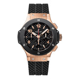 Hublot Big Bang Gold Ceramic 44mm-Hublot Big Bang Gold Ceramic 44mm with black stamped carbon effect dial on black rubber strap, featuring a chronograph function and automatic movement with up to 42 hours of power reserve.